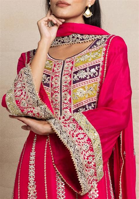 Buy Women Pink Embellished Sharara Set With Zari Mirror Embellished