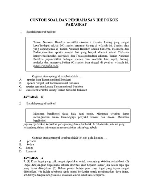 contoh soal ide pokok paragraf  jawabannya