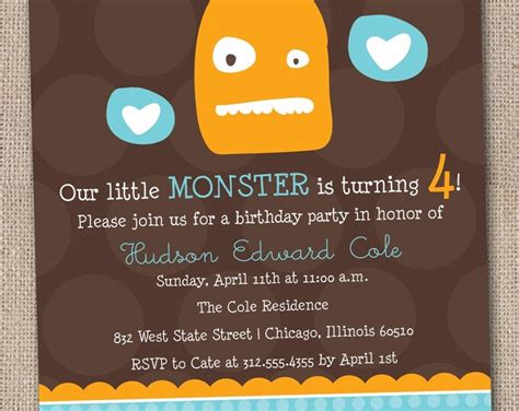 Monster Birthday Party Invitations Kids Printable File Orange Blue and ...