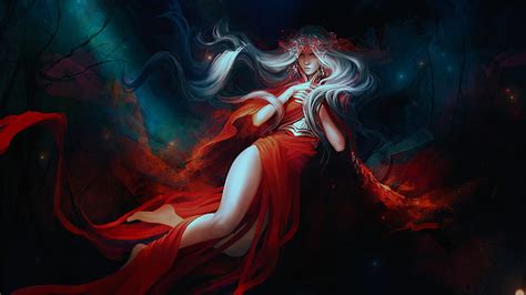 Queen Of Darkness Red Fantasy Woman Female Dress White Hair Queen