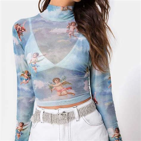 Retro Angel Cherub Printed Sheer Mesh High Neck Crop Top Sunifty