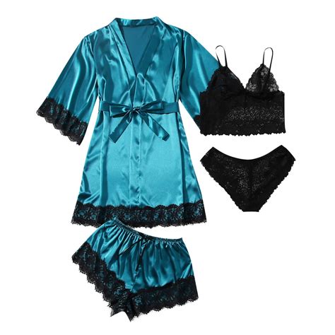 Brnmxoke Womens Lingeries Silk Pajamas Robes Set 4pcs Sexy Pjs Cami Shorts Satin Sleepwear Soft