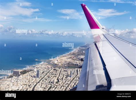 Top view from landing airplane. Window plane with copy space. Aerial ...