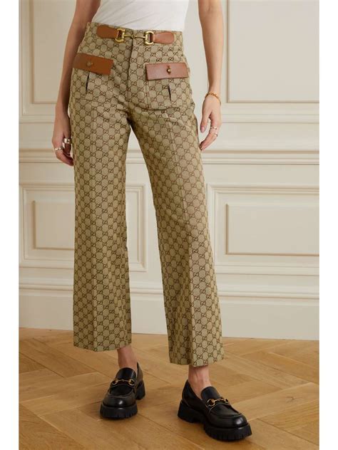 Gucci Leather Trimmed Cotton Blend Canvas Jacquard Flared Pants Net A