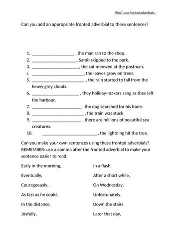 Fronted Adverbials Worksheet Ks2 Teaching Resources