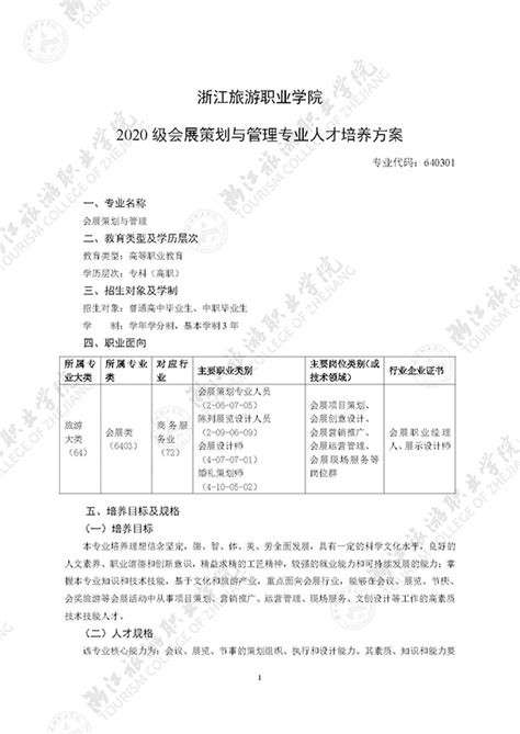 2020级会展策划与管理专业人才培养方案 浙江旅游职业学院