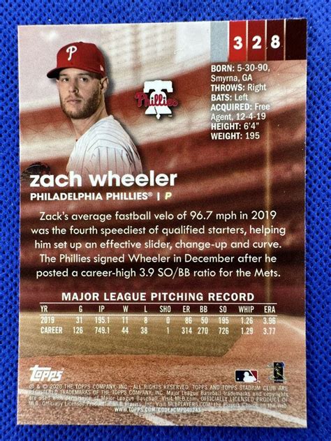 2020 328 Zach Wheeler Topps Stadium Club Chrome Baseball Philadelphia