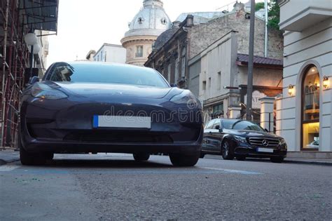 Bucharest Romania May Tesla Electric Car Parked On Side