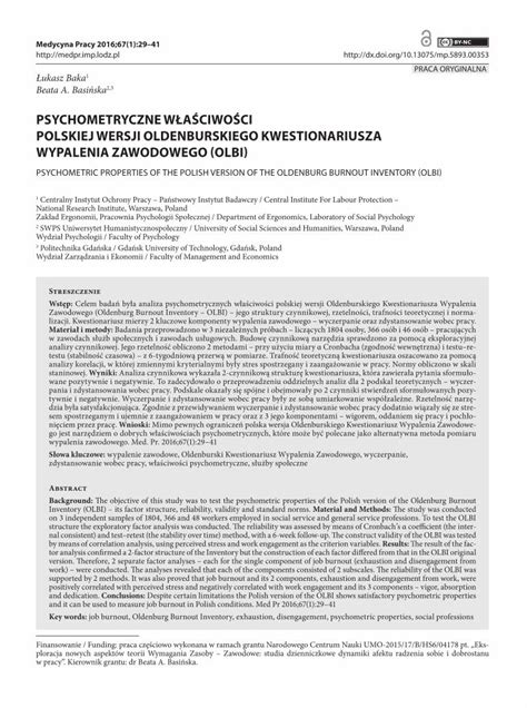 PDF PSYCHOMETRYCZNE WŁAŚCIWOŚCI POLSKIEJ WERSJI Wypalenie