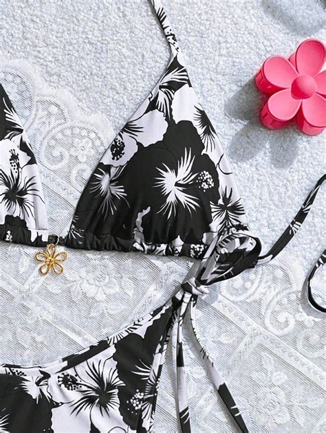 Swim Mod Pieces Floral Print Halter Tie Up Sexy Bikini Swimwear For Women Summer SHEIN UK