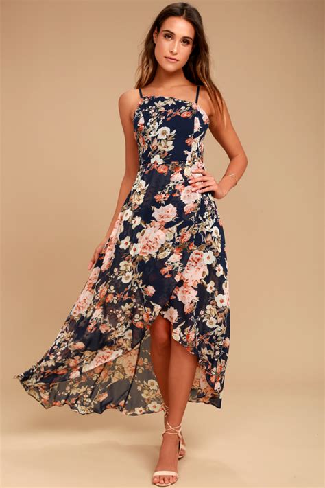 Lovely Navy Blue Dress Floral Print Dress High Low Dress Lulus