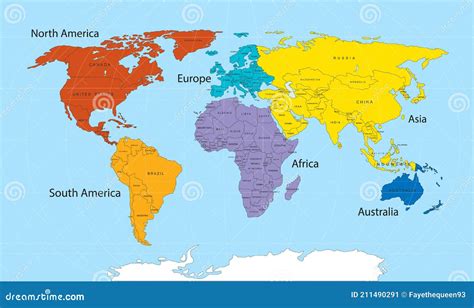 Mappa Del Mondo Divisa In Sei Continenti A Colori Diversi