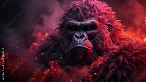 Red background with a dominant gorilla in the foreground. The gorilla has red eyes and a ...