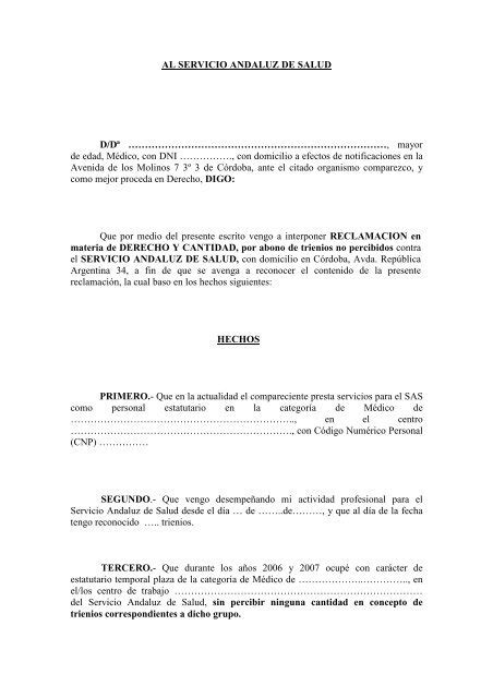 Modelo Reclamacion Trienios Sindicato M Dico De C Rdoba