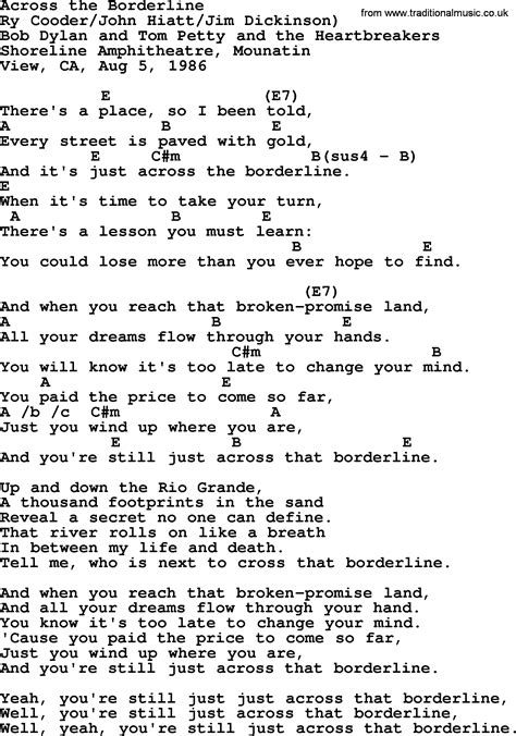 Bob Dylan song - Across the Borderline, lyrics and chords