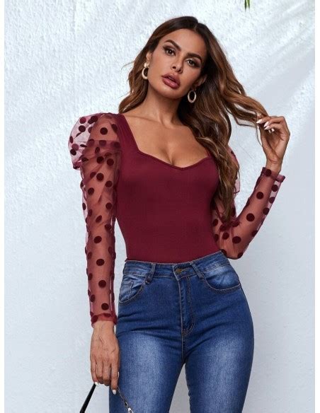 SHEIN Top De Manga Gigot Con Malla De Lunares