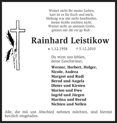 Traueranzeigen Von Rainhard Leistikow Trauer Kreiszeitung De