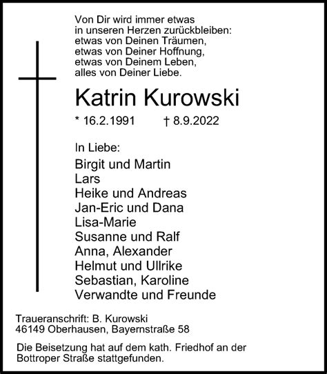 Traueranzeigen Von Katrin Kurowski Trauer In Nrw De