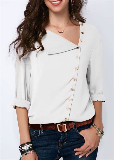 Button Front White Roll Sleeve Blouse Usd 30 64