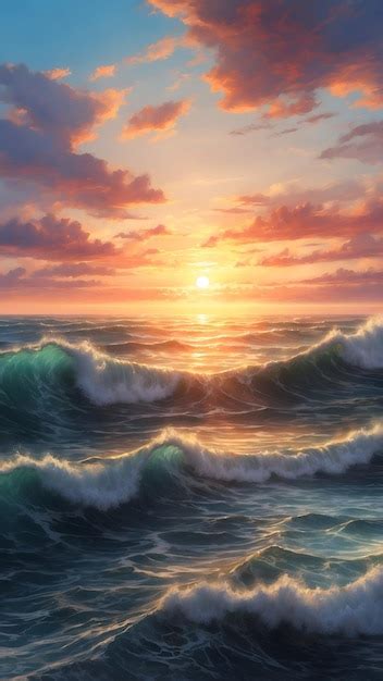 Premium Photo | Realistic sunset over sea with ocean waves and nice sky ...