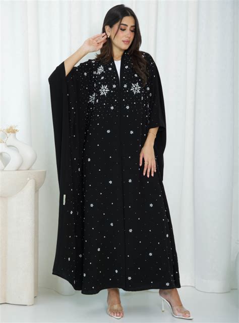 She Crepe Fabric Abaya With Handwork In Front Plain Shiela Is