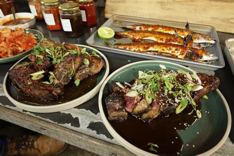 Bbq Korean Lamb Chops Steak And Mackerel With Baby Aubergines James