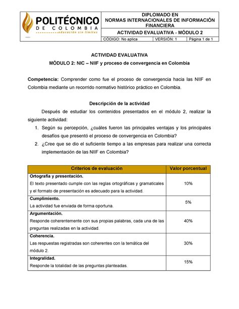 Actividad Evaluativa NIIF y criterios de evaluación ACTIVIDAD