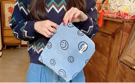 Corduroy Cosmetic Bag For Women Aesthetic Handbags Purses Smile