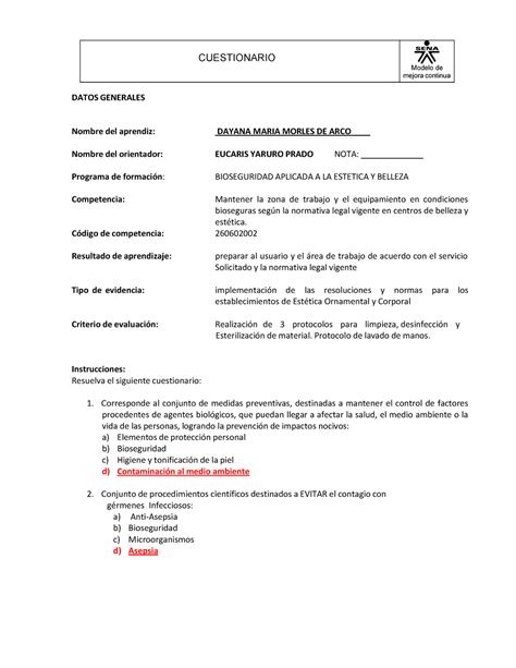 Cuestionario Bioseguridad Aplicada A LA Estetica Y Belleza Dayana