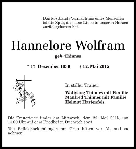 Traueranzeigen Von Hannelore Wolfram Rz Trauer De