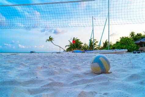 Volleyball Net On A Deserted Sandy Beach On The Tropical Sea Stock