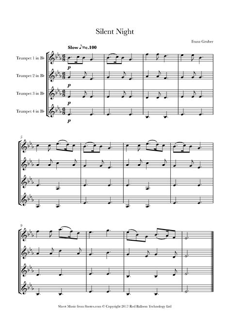 Silent Night Easy Sheet Music For Trumpet Quartet