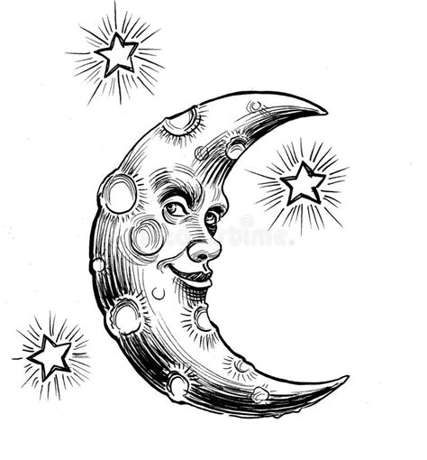 Crescent Moon Face Vintage Drawing Stock Illustrations – 770 Crescent ...