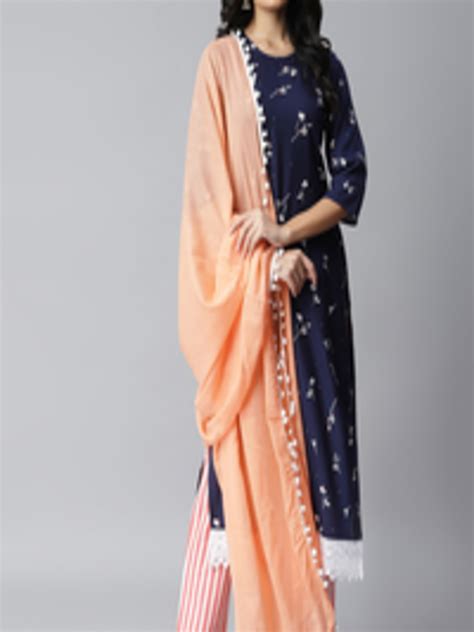 Buy Stylum Women Navy Blue Pink Floral Printed Kurta With Trousers