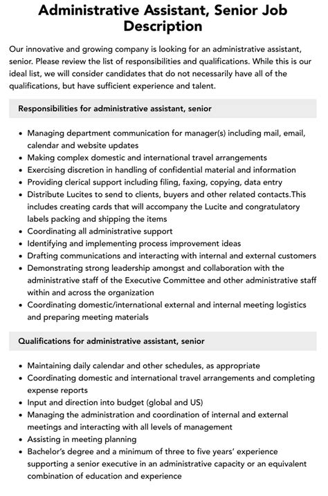 Administrative Assistant Senior Job Description Velvet Jobs