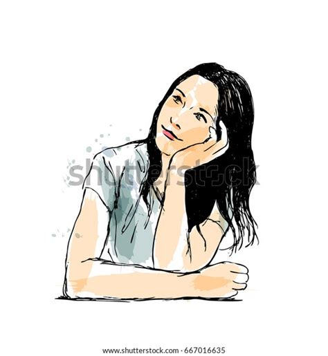 Colored Hand Sketch Woman Thinking Vector Stock Vector Royalty Free 667016635