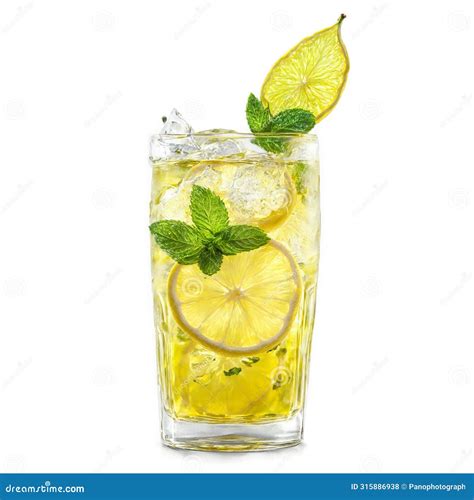 Iced Green Tea With Lemon Slice And Mint Leaves Suspended In Liquid