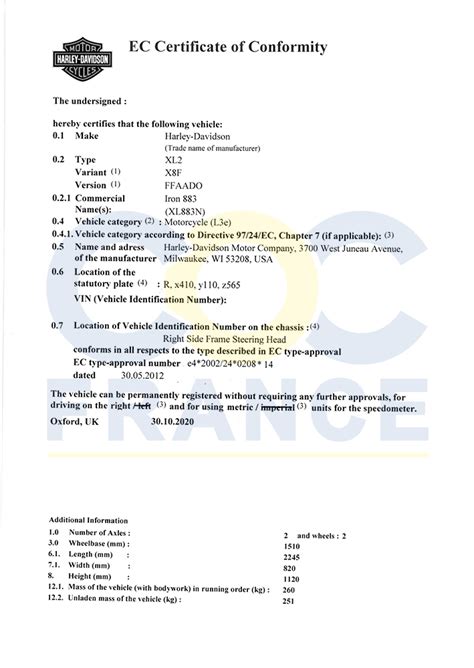 Certificat Conformit Europ En Pour V Hicule Particulier