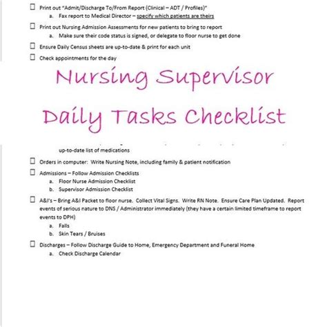 Nursing Supervisor Daily Tasks Checklist Etsy