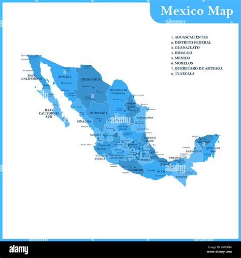 The Detailed Map Of The Mexico With Regions Or States And Cities Capitals Stock Vector Image