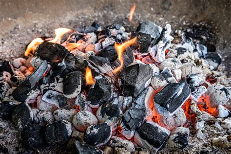 Bbq Grill Pit Glowing And Flaming Hot Charcoal Briquettes Coal Food