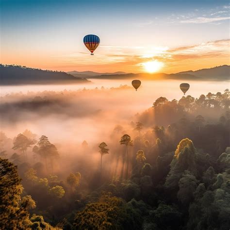 Premium Ai Image Colorful Hot Air Balloons Flying Over Mountains