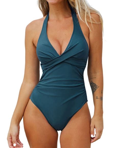 Cupshe Womens Ruched Twist Front Halter One Piece Swimsuit Macys