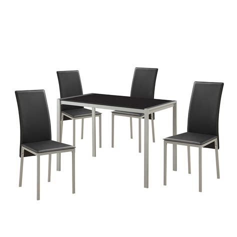 Acme Furniture 5 Piece Vallo Faux Leather Dining Set With Smoky Glass Silver And Black Metal