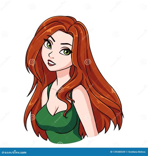 Beautiful Cartoon Smiling Girl Portrait. Long Red Hair, Big Green Eyes, Green Shirt Stock ...