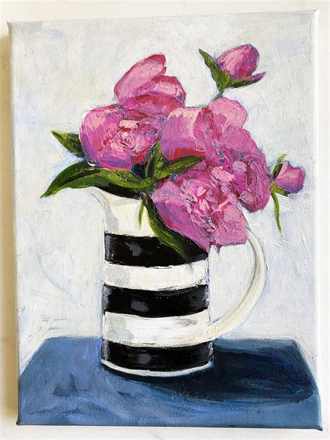 Pink Flowers In A Striped Vase Original Acrylic Floral Etsy In