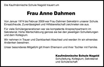 Traueranzeigen Von Anne Dahmen Schwarzw Lder Bote Trauer