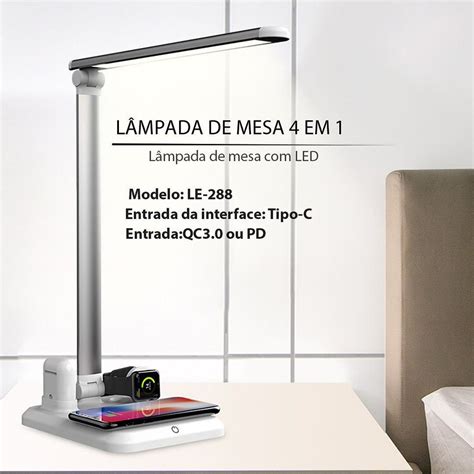 Luminaria Led De Mesa Abajur Touch Carregador Sem Fio Qi 4 Em 1