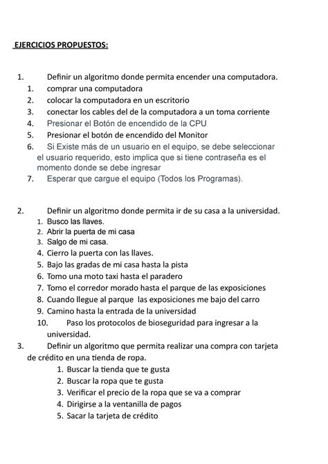 Algoritmos De La Vida Cotidiana Ejercicios Propuestos Definir Un