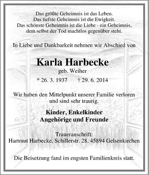 Traueranzeigen Von Karla Harbecke Trauer In Nrw De